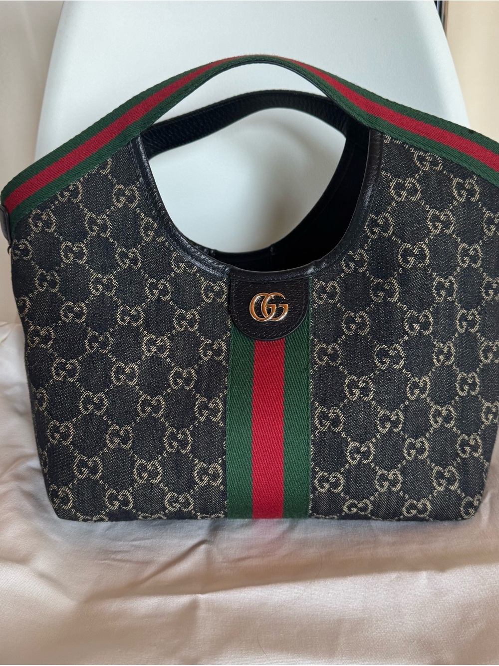 Gucci Black Denim Giglio Canvas Tote with Green-Red Stripe